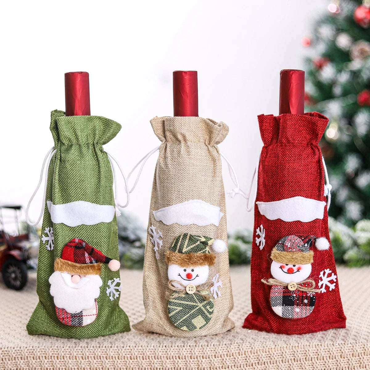 FengRise Christmas Santa Claus Wine Bottle Cover and Snowman Stocking Holders, Xmas Home Décor and New Year Gift , Christmas decorations , Christmas Wine Bottle Cover , stocking holder snowman