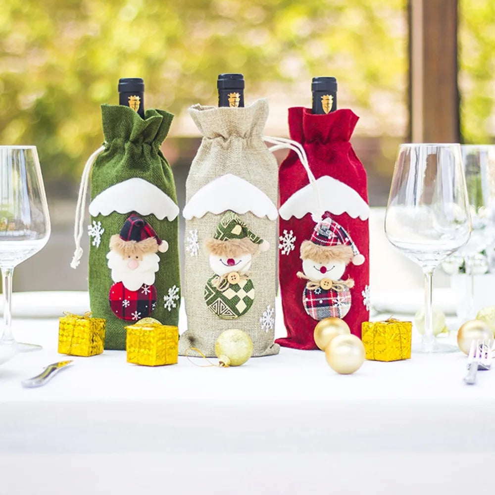 FengRise Christmas Santa Claus Wine Bottle Cover and Snowman Stocking Holders, Xmas Home Décor and New Year Gift , Christmas decorations , Christmas Wine Bottle Cover , stocking holder snowman