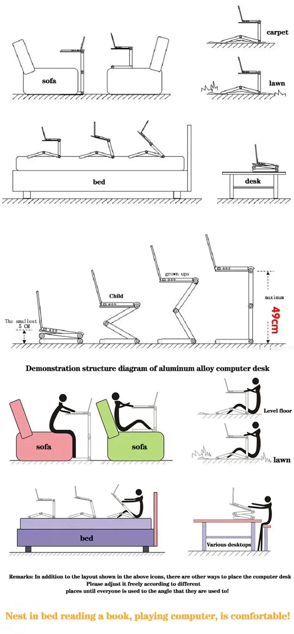 Adjustable folding laptop stand and computer desk – multifunctional aluminum alloy lap desk, portable table stand for bed, TV, and PC