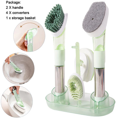 Green Dish Brush with Soap Dispenser, Kitchen Scrubber Set for Cleaning Pots, Pans, and Sinks, Includes 4 Replaceable Brush Heads and 1 Holder