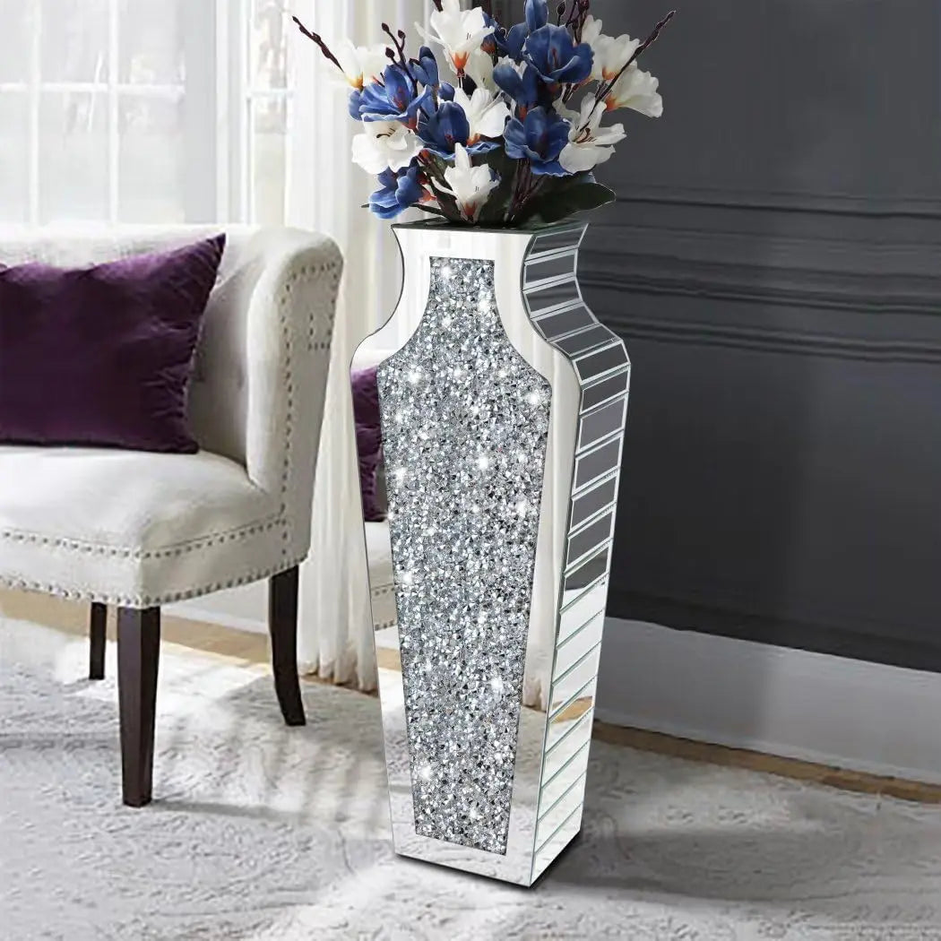 27” Tall Crushed Diamond Mirrored Vase – Large Crystal Silver Glass Decorative Mirror Vase for High End Decor