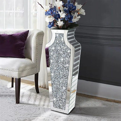 27” Tall Crushed Diamond Mirrored Vase – Large Crystal Silver Glass Decorative Mirror Vase for High End Decor