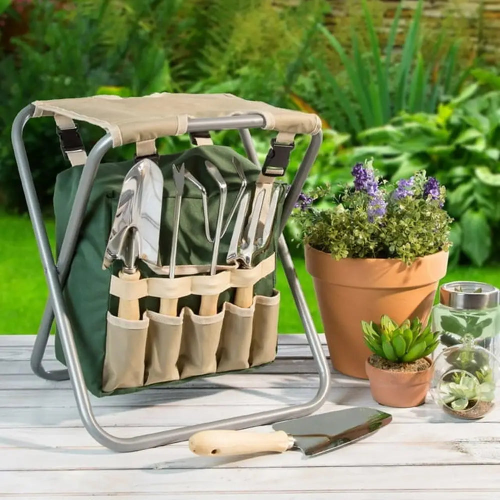 Garden Tool Set with Stool and Carry Bag, Includes 5 Rust-Resistant Tools, Durable Steel Frame for Flower Beds and Vegetable Gardening , garden tool