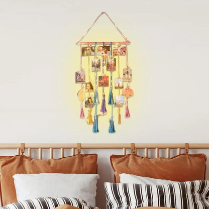 Boho Macrame Wall Hanging with Fairy Lights - Woven Photo Display Frame, Tassel Tapestry for Bedroom Aesthetic Decor ,  hanging photo display