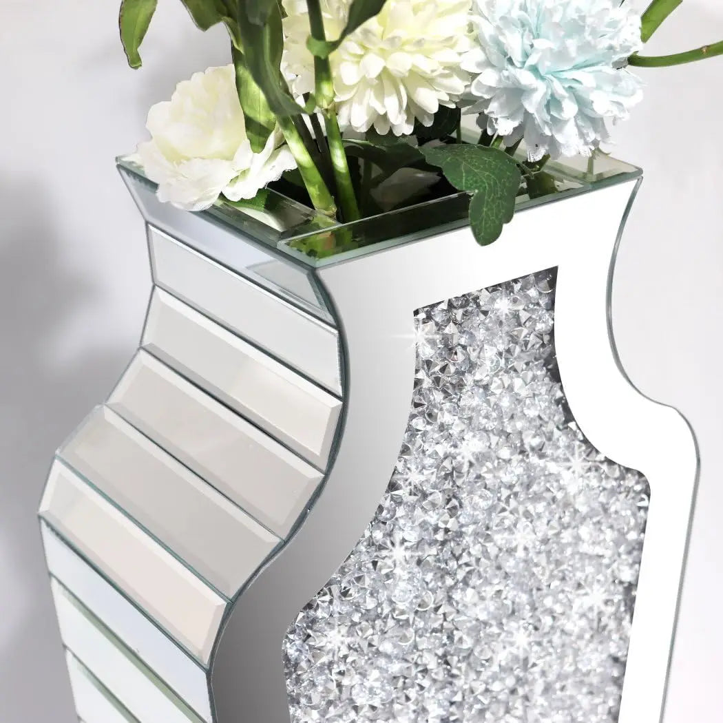 27” Tall Crushed Diamond Mirrored Vase – Large Crystal Silver Glass Decorative Mirror Vase for High End Decor