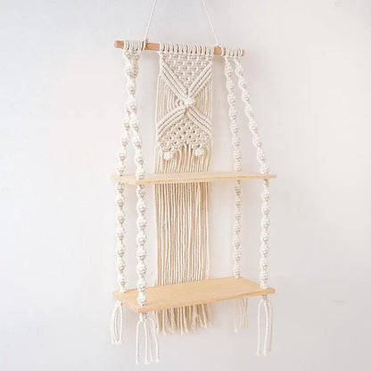 2-Tier White Floating Wall Shelves with Macrame Design - Boho Wooden Shelves for Home Decor and Candle Display