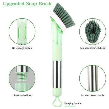 Green Dish Brush with Soap Dispenser, Kitchen Scrubber Set for Cleaning Pots, Pans, and Sinks, Includes 4 Replaceable Brush Heads and 1 Holder