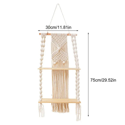 2-Tier White Floating Wall Shelves with Macrame Design - Boho Wooden Shelves for Home Decor and Candle Display