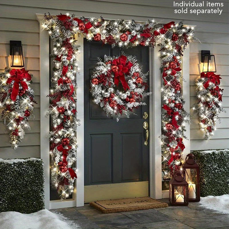 23.62-inch Christmas Teardrop Swag Wreath, Pre-Lit Decor with Pine Needles and Red Berries for Stairs, Wall, or Window Decoration , Teardrop Wreaths , Teardrop swags for Christmas ,  Pre lit Christmas garland