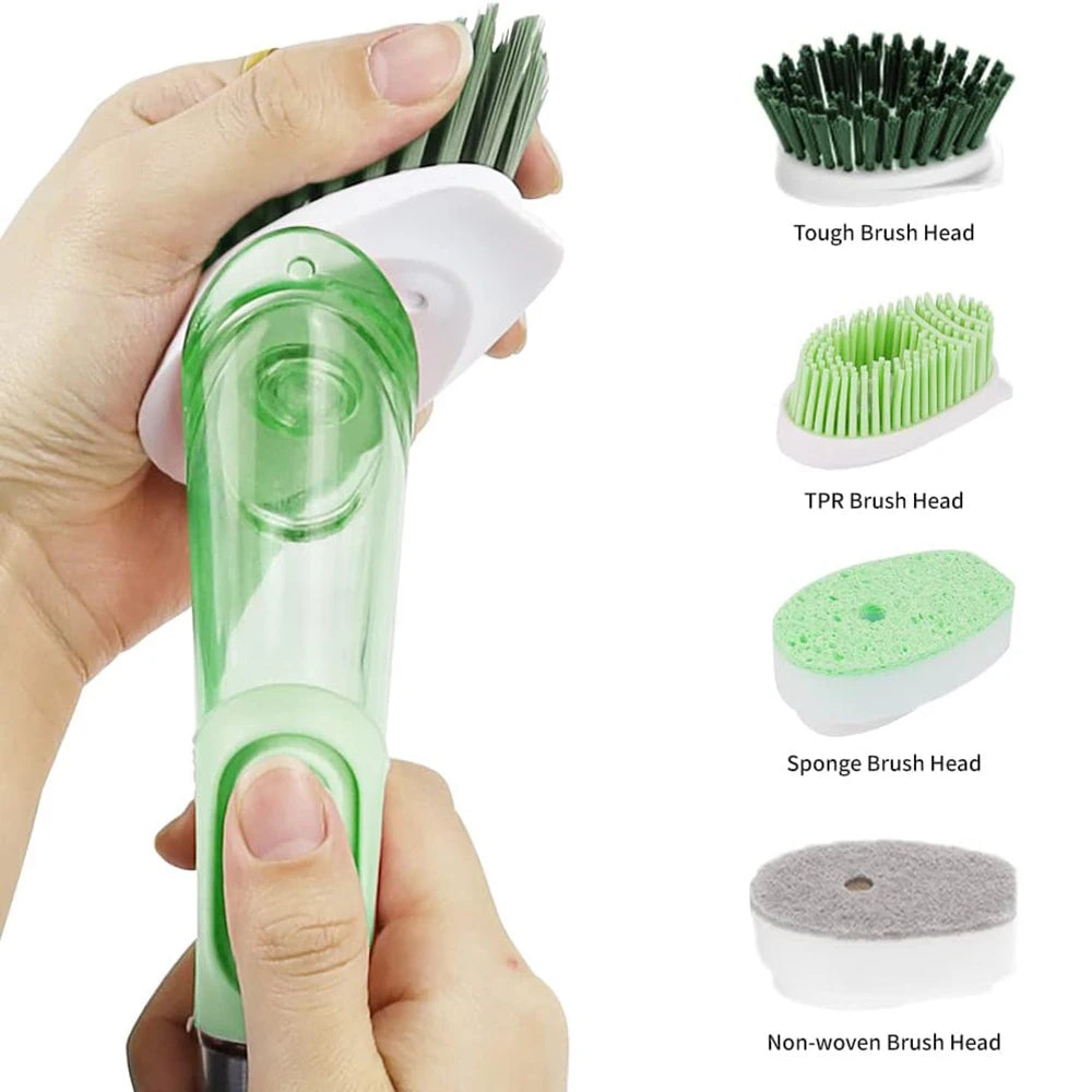 Green Dish Brush with Soap Dispenser, Kitchen Scrubber Set for Cleaning Pots, Pans, and Sinks, Includes 4 Replaceable Brush Heads and 1 Holder