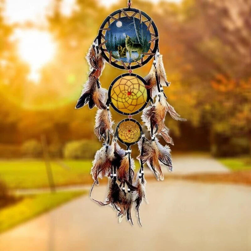 Wolf Head Oil Painting Dream Catcher - Feather Wall Decor for Home, Perfect Festival Wall Art Décor with Natural Pendant Design