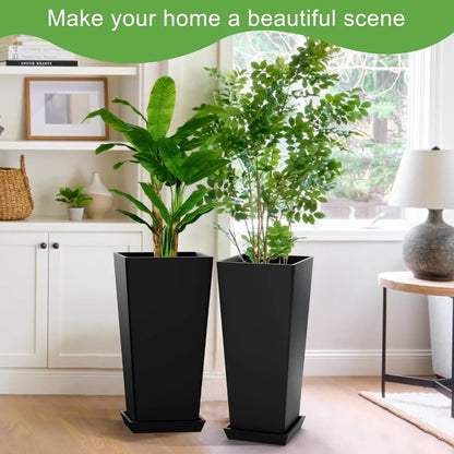 Set of 2 Tall 24-Inch-large square flower pots – Large Tapered Square Flower Pots with Trays , Best for gardening , for Indoor and Outdoor Plants, Perfect for Patios, tall planters outdoor