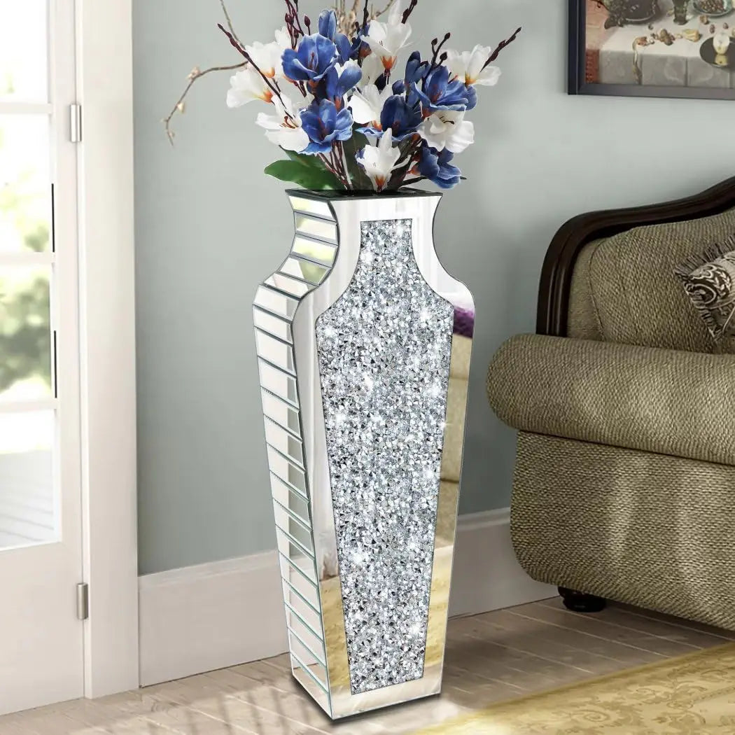 27” Tall Crushed Diamond Mirrored Vase – Large Crystal Silver Glass Decorative Mirror Vase for High End Decor