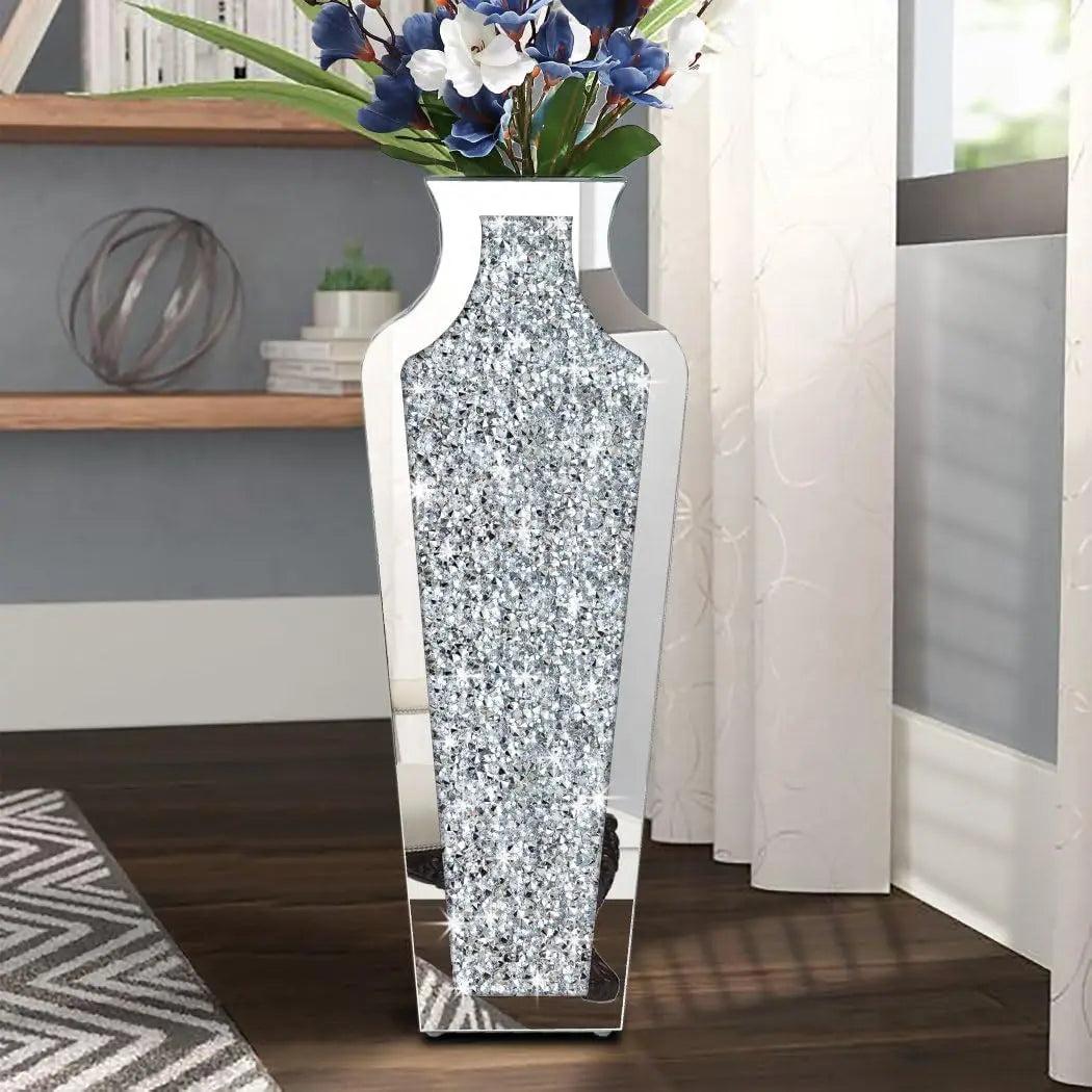 27” Tall Crushed Diamond Mirrored Vase – Large Crystal Silver Glass Decorative Mirror Vase for High End Decor