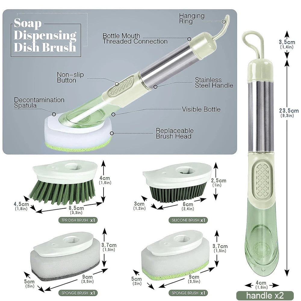 Green Dish Brush with Soap Dispenser, Kitchen Scrubber Set for Cleaning Pots, Pans, and Sinks, Includes 4 Replaceable Brush Heads and 1 Holder