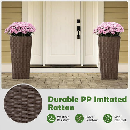 Set of 2 large outdoor planters – 24-Inch Tall Square Flower Pots in Mocha, Ideal for Front Porches, Patios, Balconies, and Indoor Use , outdoor planter square, Square Rattan Flower Pots, Mocha