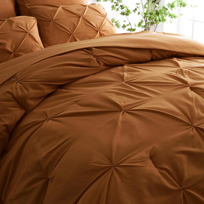 Burnt Orange Queen Comforter Set, Rust 7 Piece Pintuck Bed in a Bag with Sheets, All Season Pinched Pleat Bedding, 7pc