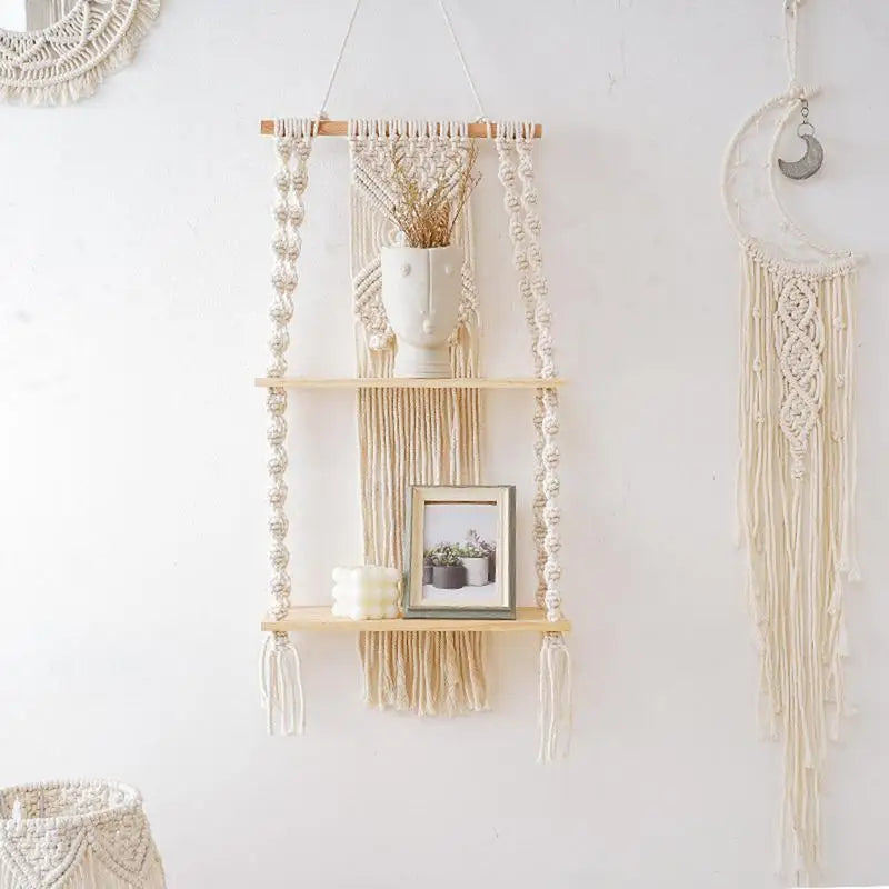 2-Tier White Floating Wall Shelves with Macrame Design - Boho Wooden Shelves for Home Decor and Candle Display