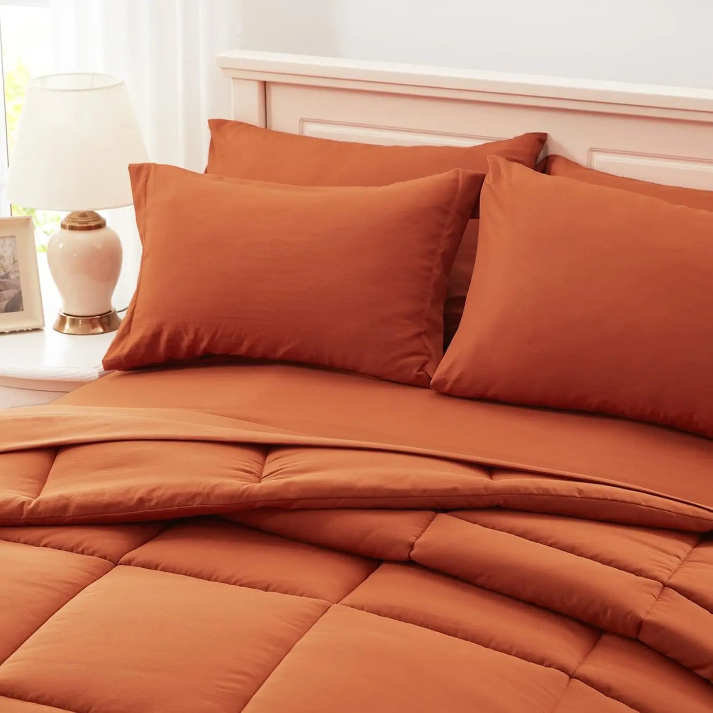 Queen Comforter Set of 7 Pieces, Burnt Orange Bed in a Bag with Sheets, All Season Terracotta Bedding Comforter Sets