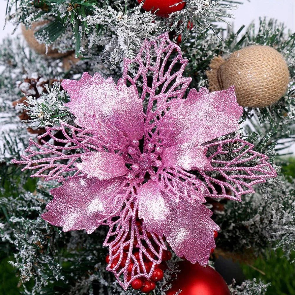 Set of 10 Christmas Glitter Flowers (10cm), Gold, Silver, and Red Artificial Floral Heads for Xmas Tree Decoration, Home and New Year Navidad Gift , glitter poinsettia , red glitter poinsettia ,  Flower Heads Christmas ornaments