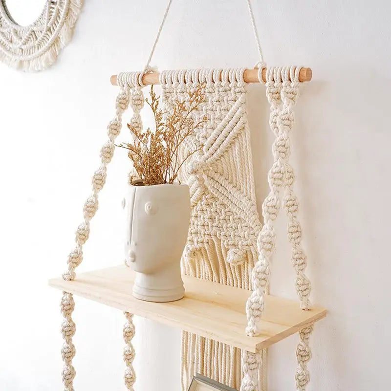 2-Tier White Floating Wall Shelves with Macrame Design - Boho Wooden Shelves for Home Decor and Candle Display