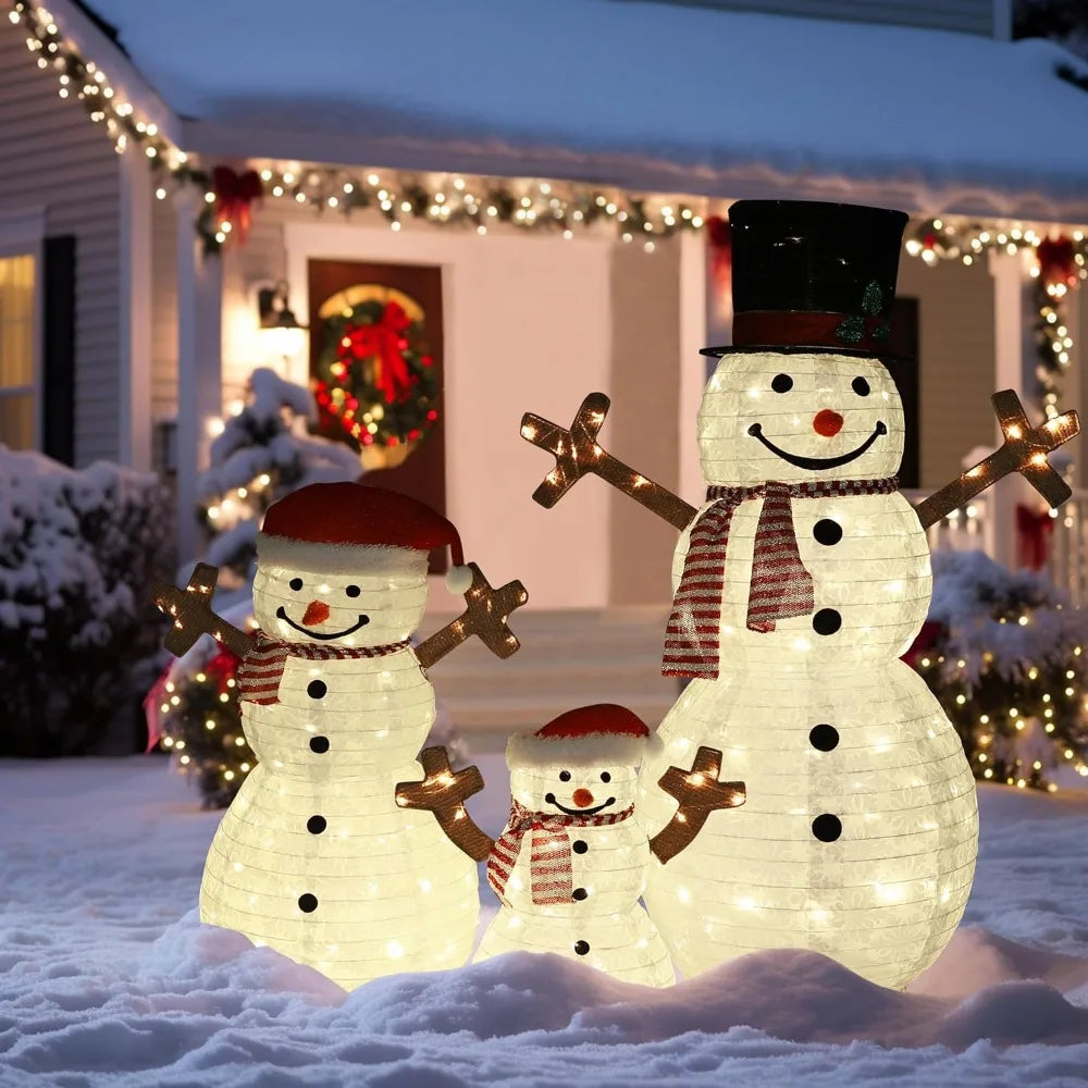 Outdoor Christmas Decorations, Set of 3 Pop-Up Snowmen with 270 LED Lights, Festive Snowman Family Display