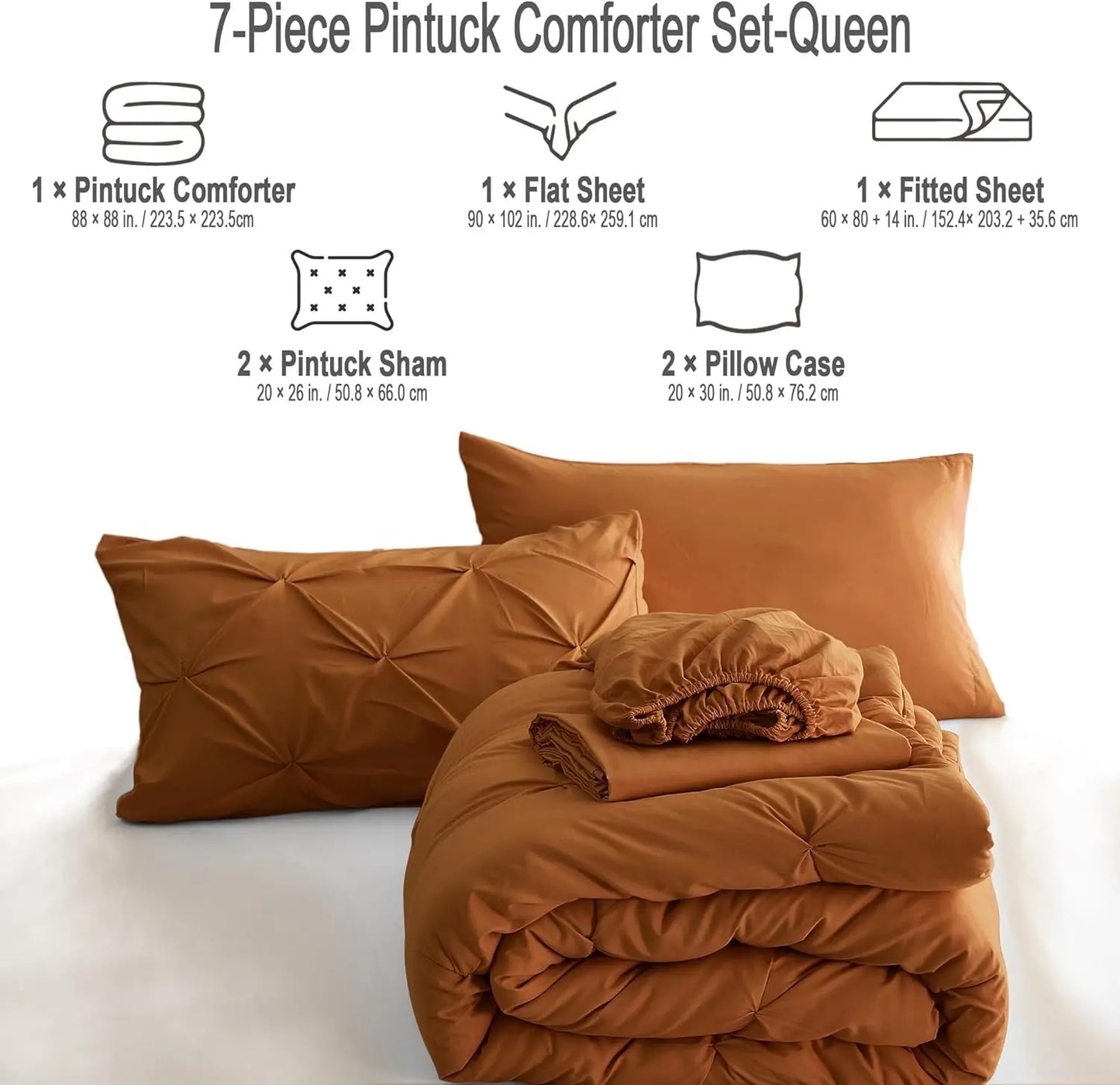 Burnt Orange Queen Comforter Set, Rust 7 Piece Pintuck Bed in a Bag with Sheets, All Season Pinched Pleat Bedding, 7pc