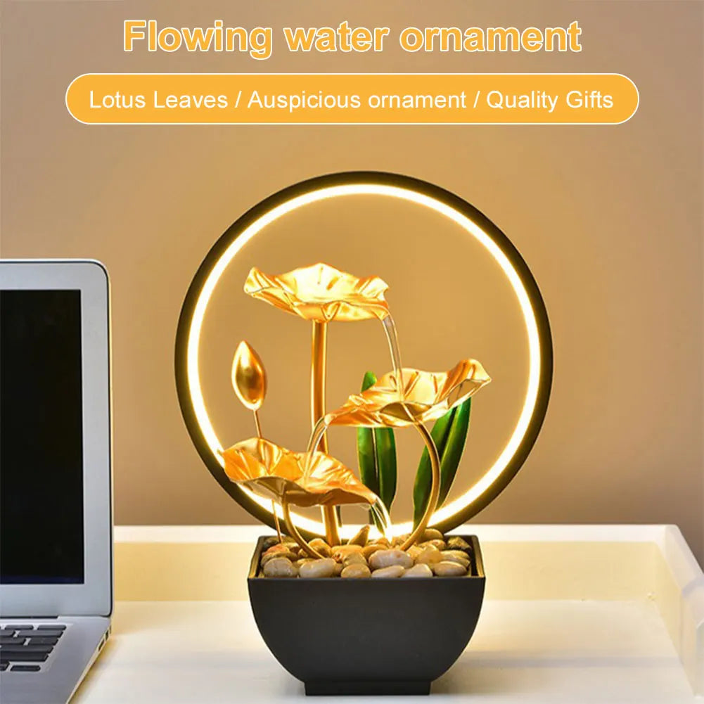 Tiered Lotus Leaf Water Fountain with Natural Rocks and LED Ring Light – Small Metal Waterfall Fountain for Home and Desk Decoration , 3 Tier Fountain