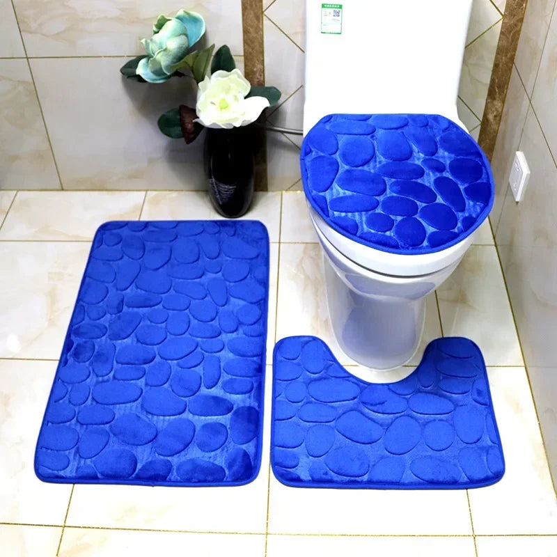 3-Piece Bathroom Mat Set – Soft, Non-Slip Cobblestone Design, Includes Absorbent Bath Rug, Shower Carpet, and Toilet Lid Cover , non slip bathroom mat , bathroom accessories