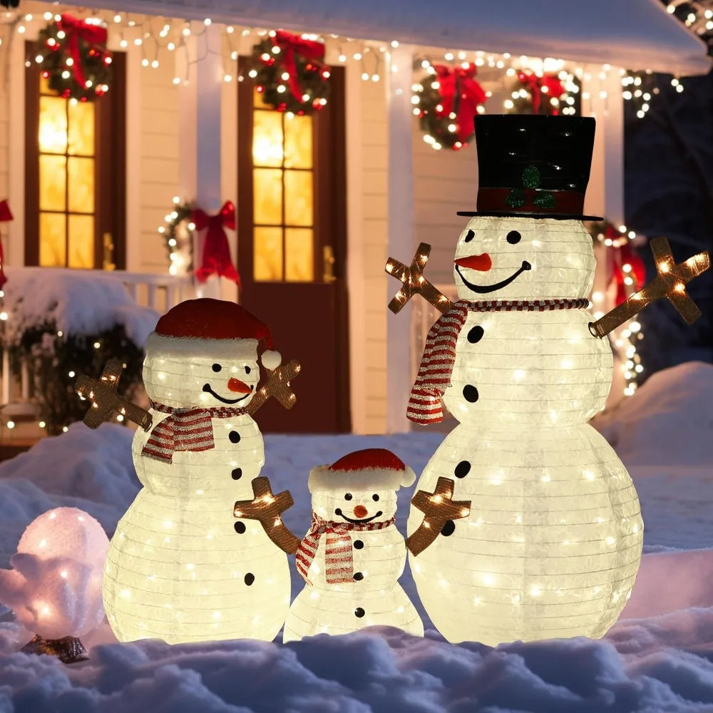 Outdoor Christmas Decorations, Set of 3 Pop-Up Snowmen with 270 LED Lights, Festive Snowman Family Display