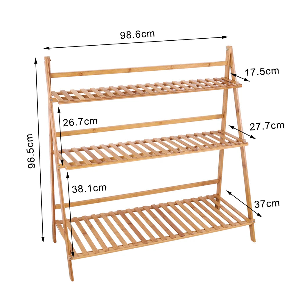 Folding 3-Tier-Bamboo Plant Stand – Flower Pot Display Shelf for Indoor and Outdoor Garden or Yard , plant display shelf