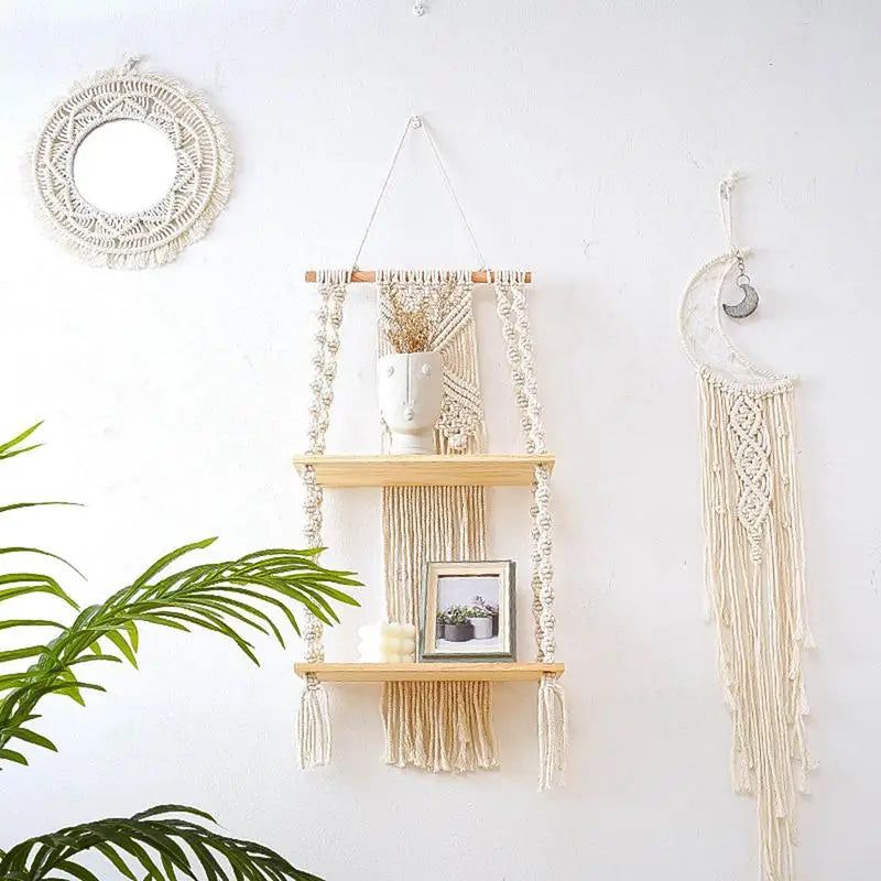 2-Tier White Floating Wall Shelves with Macrame Design - Boho Wooden Shelves for Home Decor and Candle Display