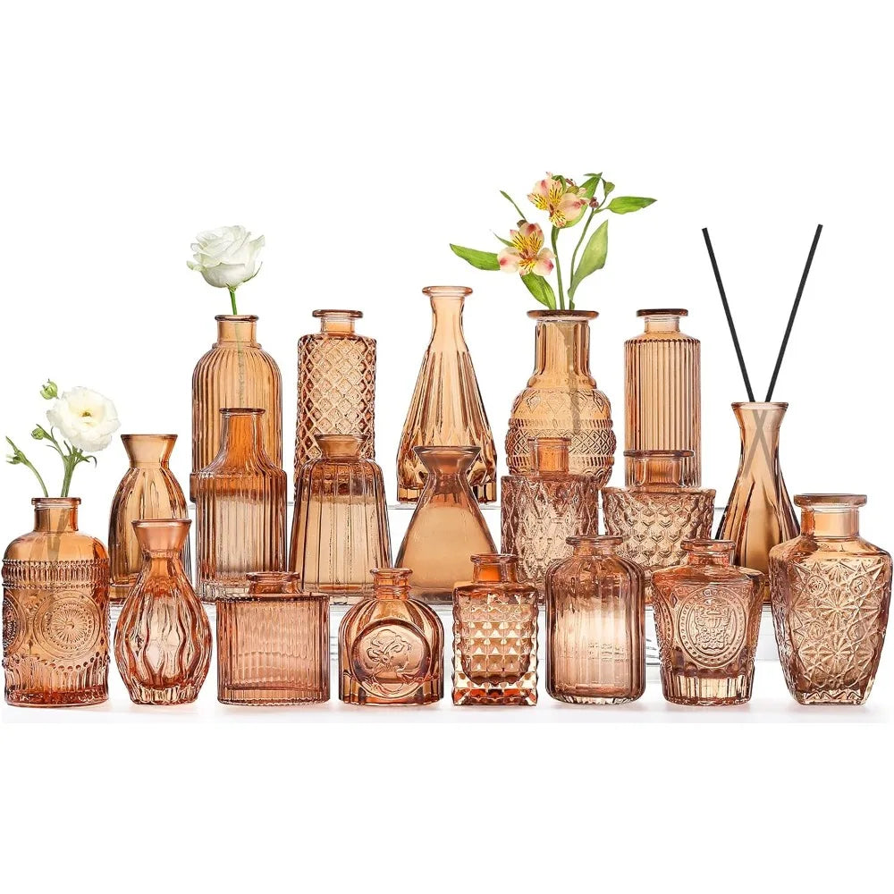 Set of 20 Amber Glass Bud Vases – Small Amber Vases in Bulk for Flower Arrangements, Centerpiece Decor, and Home Accents ,Amber Bud Vases , Antique Glassware , Amber Glass Vases , Table Centerpieces