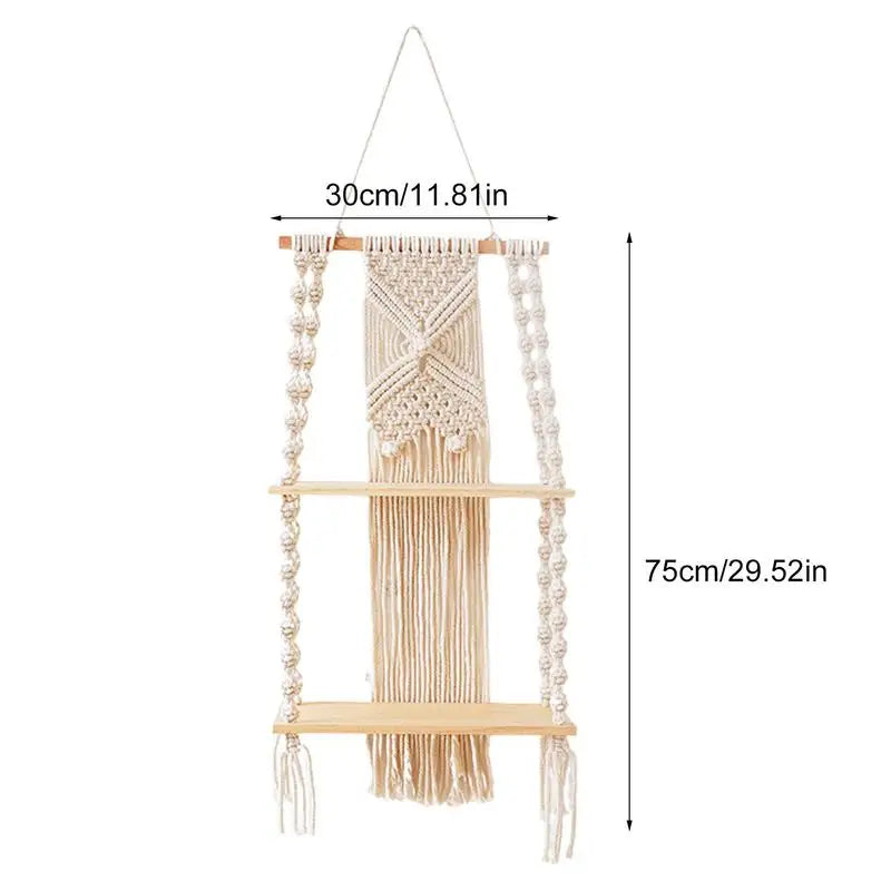 2-Tier White Floating Wall Shelves with Macrame Design - Boho Wooden Shelves for Home Decor and Candle Display