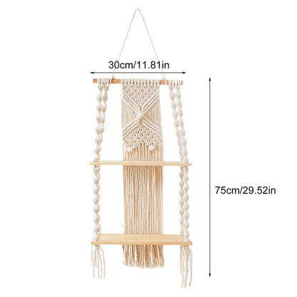 2-Tier White Floating Wall Shelves with Macrame Design - Boho Wooden Shelves for Home Decor and Candle Display