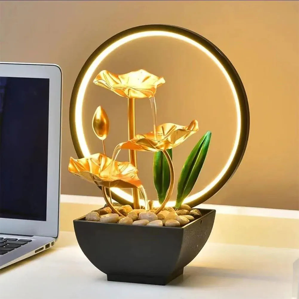 Tiered Lotus Leaf Water Fountain with Natural Rocks and LED Ring Light – Small Metal Waterfall Fountain for Home and Desk Decoration , 3 Tier Fountain