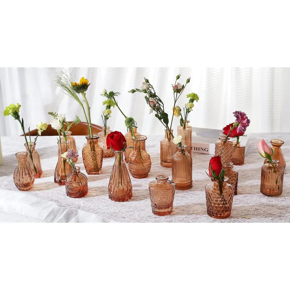 Set of 20 Amber Glass Bud Vases – Small Amber Vases in Bulk for Flower Arrangements, Centerpiece Decor, and Home Accents ,Amber Bud Vases , Antique Glassware , Amber Glass Vases , Table Centerpieces