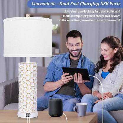 Brightever Table Lamps Set of 2 with Dual USB Charging Ports – 25” Tall Rustic Farmhouse Lamps for Bedroom and Living Room Fancy Table Lamps