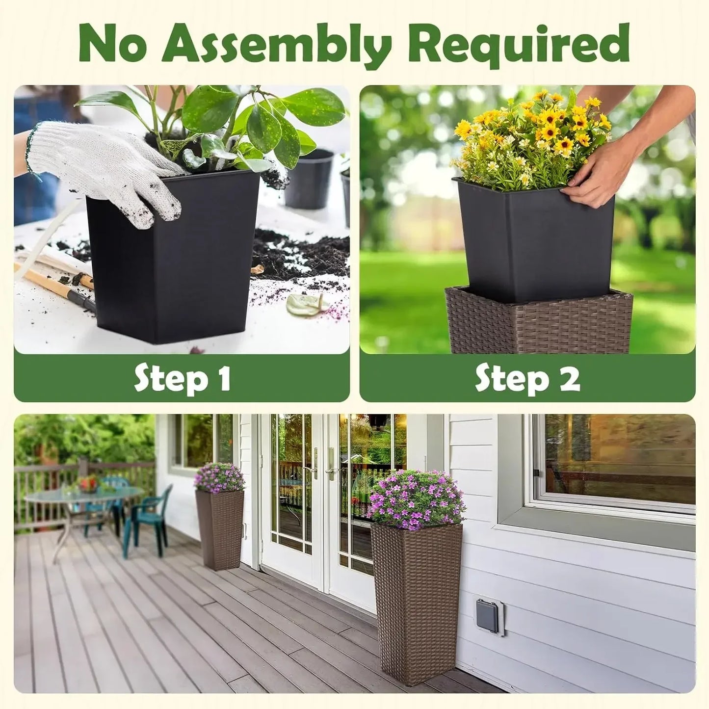 Set of 2 large outdoor planters – 24-Inch Tall Square Flower Pots in Mocha, Ideal for Front Porches, Patios, Balconies, and Indoor Use , outdoor planter square, Square Rattan Flower Pots, Mocha