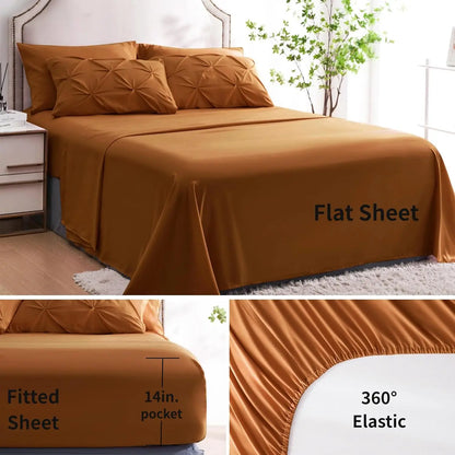 Burnt Orange Queen Comforter Set, Rust 7 Piece Pintuck Bed in a Bag with Sheets, All Season Pinched Pleat Bedding, 7pc