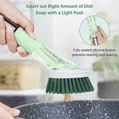 Green Dish Brush with Soap Dispenser, Kitchen Scrubber Set for Cleaning Pots, Pans, and Sinks, Includes 4 Replaceable Brush Heads and 1 Holder