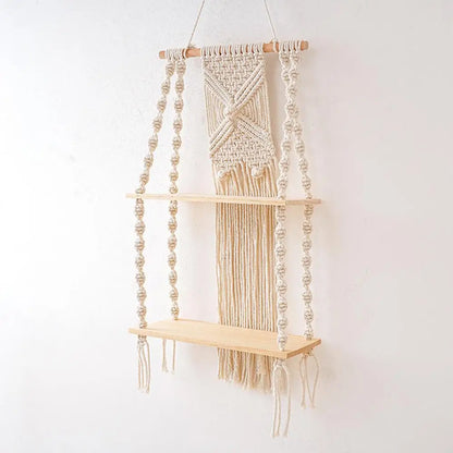 2-Tier White Floating Wall Shelves with Macrame Design - Boho Wooden Shelves for Home Decor and Candle Display