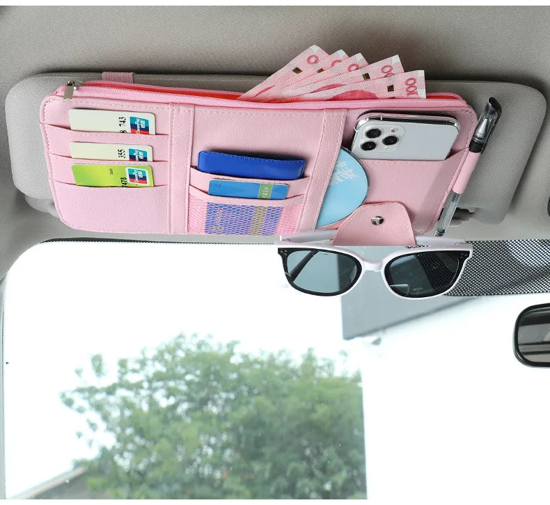 Car Sun Visor Organizer with Multiple Pockets, Auto Interior Storage Pouch for Documents and Pen Holder