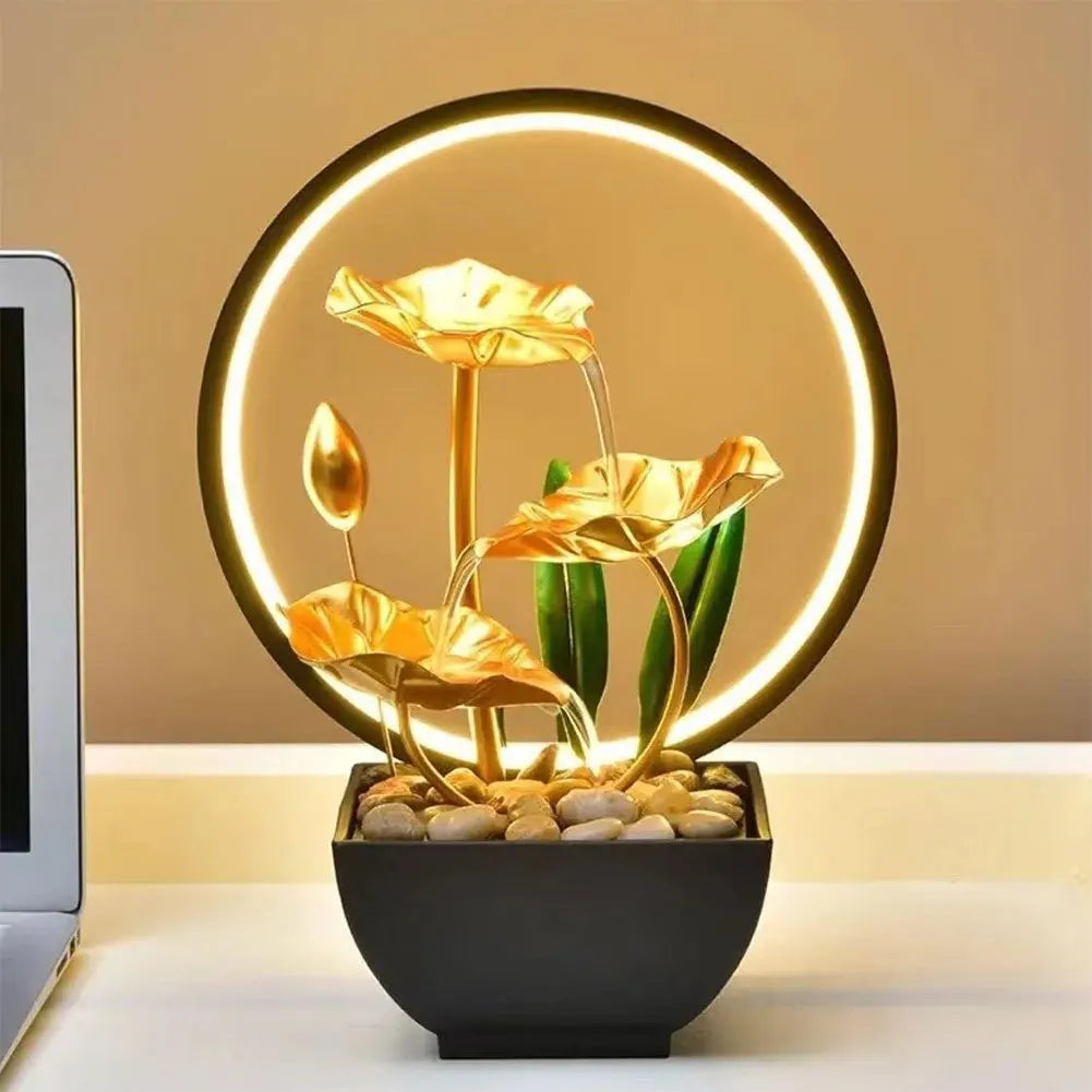 Tiered Lotus Leaf Water Fountain with Natural Rocks and LED Ring Light – Small Metal Waterfall Fountain for Home and Desk Decoration , 3 Tier Fountain