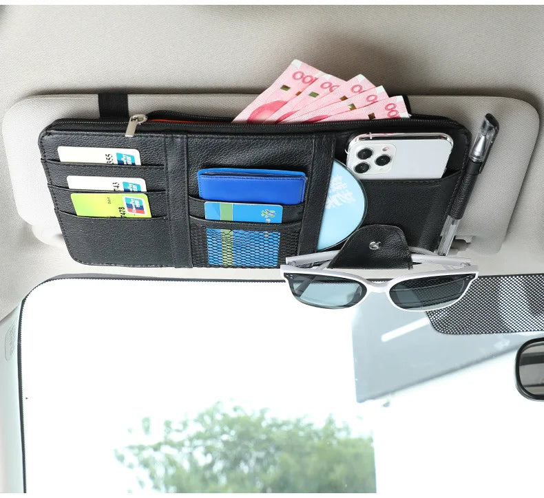 Car Sun Visor Organizer with Multiple Pockets, Auto Interior Storage Pouch for Documents and Pen Holder