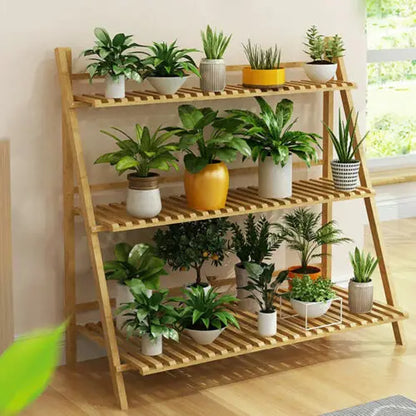 Folding 3-Tier-Bamboo Plant Stand – Flower Pot Display Shelf for Indoor and Outdoor Garden or Yard , plant display shelf