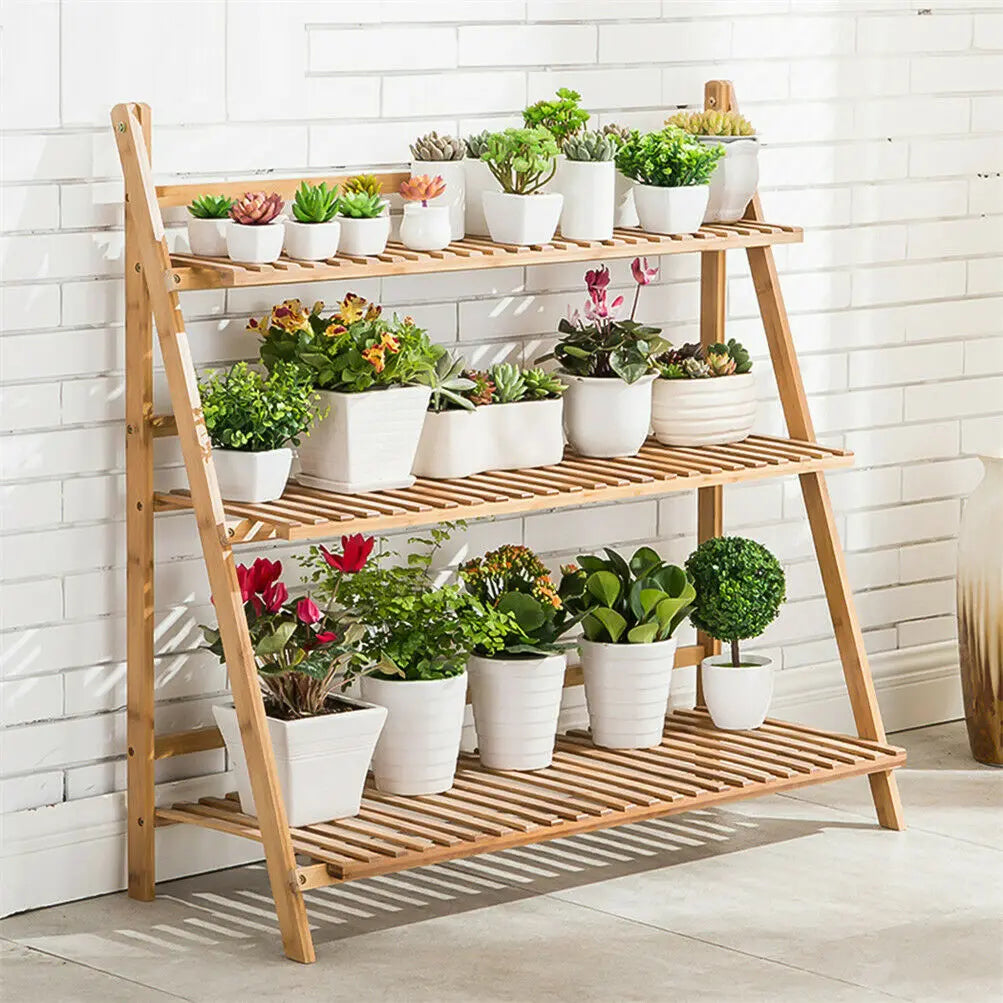 Folding 3-Tier-Bamboo Plant Stand – Flower Pot Display Shelf for Indoor and Outdoor Garden or Yard , plant display shelf