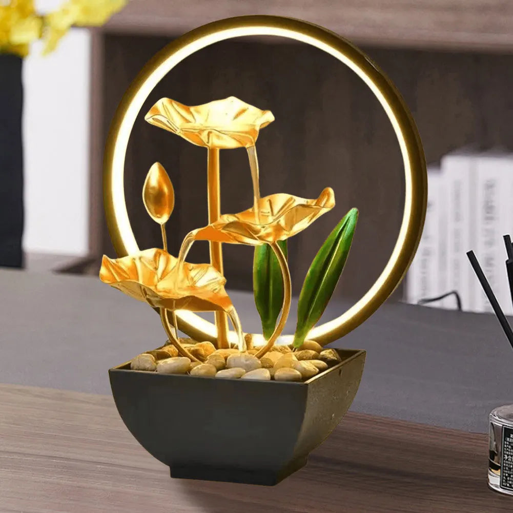 Tiered Lotus Leaf Water Fountain with Natural Rocks and LED Ring Light – Small Metal Waterfall Fountain for Home and Desk Decoration , 3 Tier Fountain