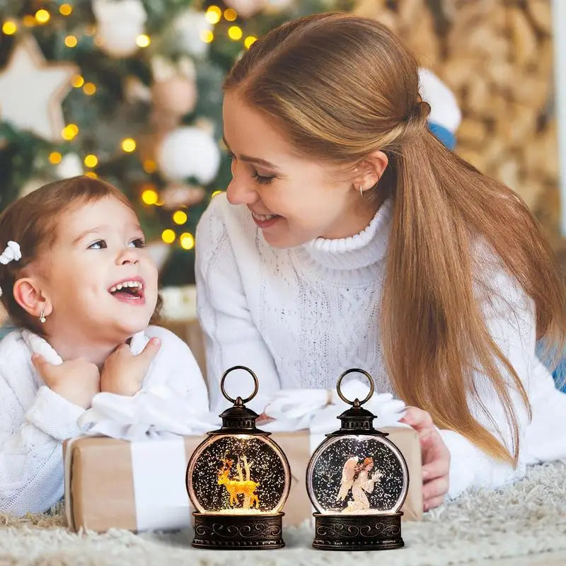 LED Christmas Snow Globe Lantern with Swirling Glitter, Santa Design, Festive Night Light and Elegant Holiday Decoration