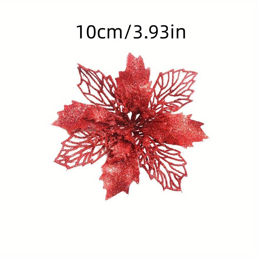 Set of 10 Christmas Glitter Flowers (10cm), Gold, Silver, and Red Artificial Floral Heads for Xmas Tree Decoration, Home and New Year Navidad Gift , glitter poinsettia , red glitter poinsettia ,  Flower Heads Christmas ornaments